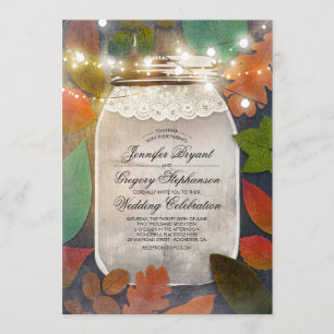 Rustic Fall Leaves Mason Jar String Lights Wedding Invitation