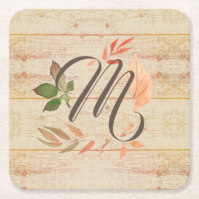 Rustic Fall Leaves Monogram Square Paper Coaster (Front)
