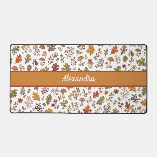 Rustic Fall Leaves Mushroom Woodland Monogram Name Desk Mat (Front)