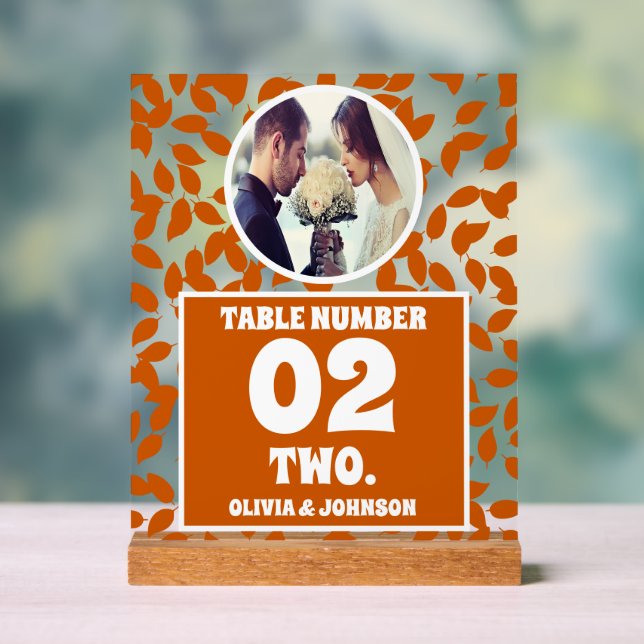 Rustic Fall Leaves Photo Wedding Table Number Acrylic Sign (Neutral)