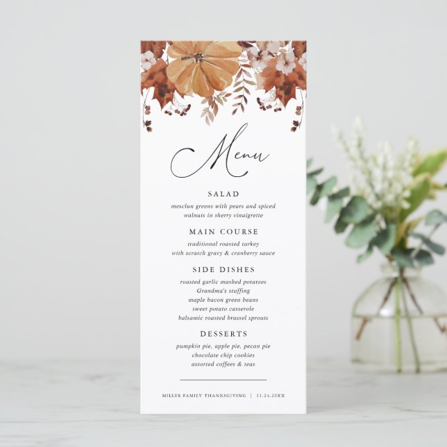 Rustic Fall Leaves Pumpkin Thanksgiving Dinner Menu (Standing Front)