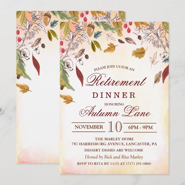 Rustic Fall Leaves Retirement Dinner Invitation (Front/Back)