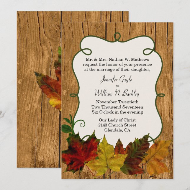 Rustic Fall Leaves Wedding Invitation (Front/Back)