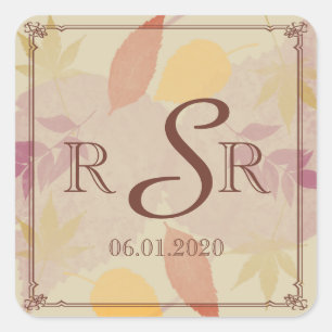 Rustic Fall Leaves Wedding Monogram Square Sticker