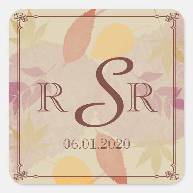 Rustic Fall Leaves Wedding Monogram Square Sticker (Front)