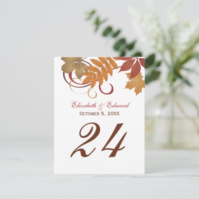Rustic Fall Leaves Wedding Table Number Card (Standing Front)