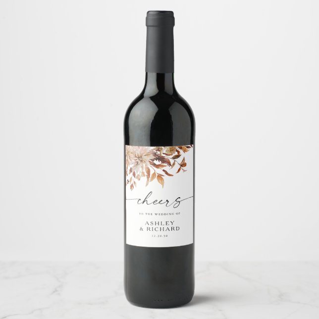 Rustic Fall Leaves Wedding Wine Bottle Label (Front)