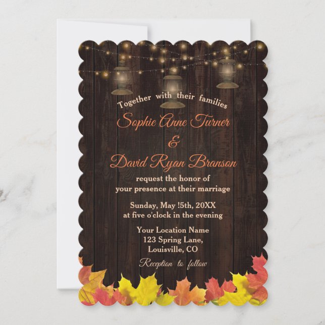 Rustic Fall Leaves Wood Old Lanterns Wedding Invitation (Front)