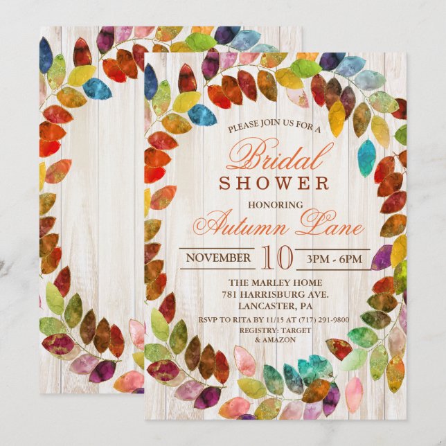 Rustic Fall Leaves Wreath Bridal Shower Invitation (Front/Back)