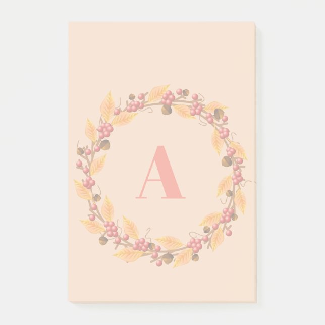 Rustic Fall Leaves Wreath | Monogram Post-it Notes (Front)