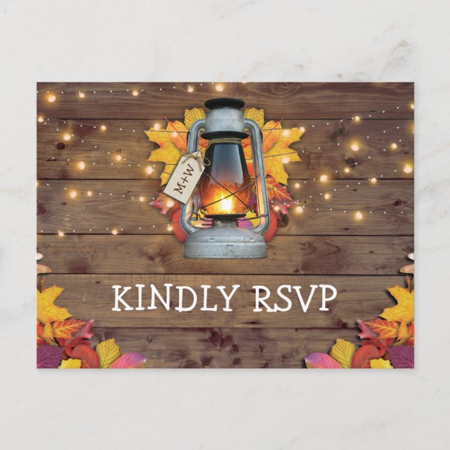 Rustic Fall Lights Autumn Leaves Wedding RSVP Invitation Postcard (Front)