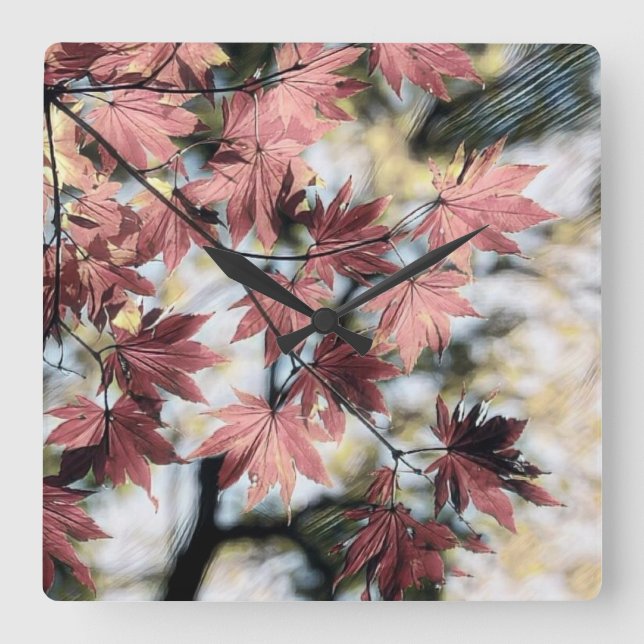 Rustic fall maple leaves rusty red pink brown square wall clock (Front)