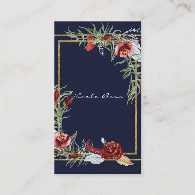 Rustic Fall Marsala Floral Navy Blue Chic Elegant Business Card (Front)