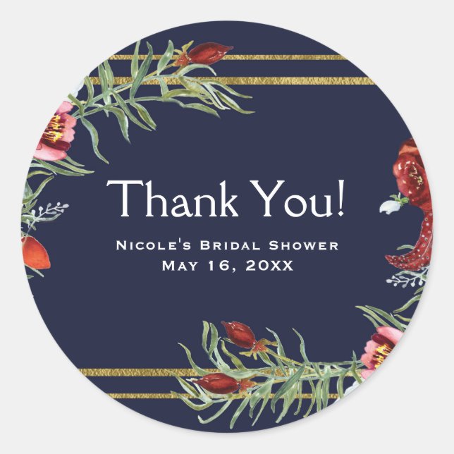 Rustic Fall Marsala Floral Navy Blue Gold Wedding Classic Round Sticker (Front)