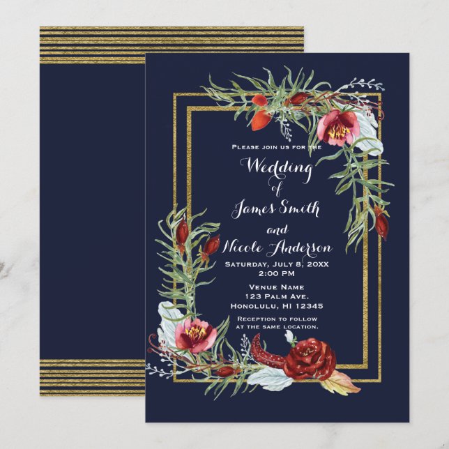 Rustic Fall Marsala Floral Navy Blue Gold Wedding Invitation (Front/Back)