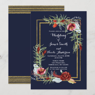 Rustic Fall Marsala Floral Navy Blue Gold Wedding Invitation