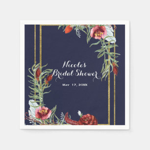 Rustic Fall Marsala Floral Navy Blue Gold Wedding Napkin