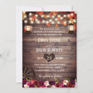 Rustic Fall Marsala Floral Vintage Lantern Wedding Invitation
