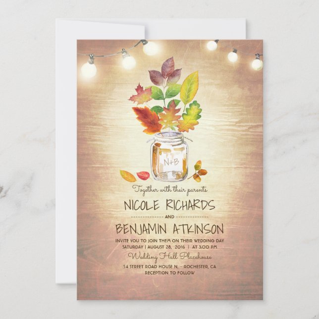 Rustic Fall Mason Jar and String Lights Wedding Invitation (Front)