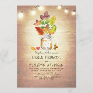 Rustic Fall Mason Jar and String Lights Wedding Invitation