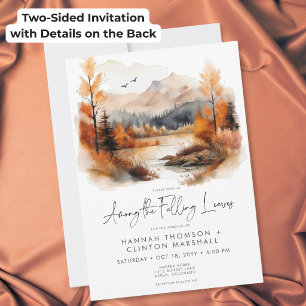 Rustic Fall Mountain Among Falling Leaves Wedding Invitation