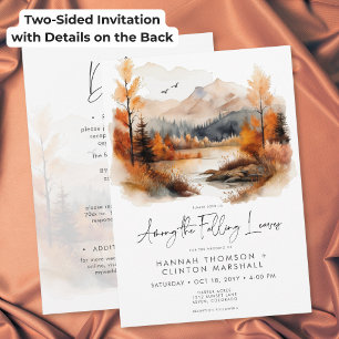 Rustic Fall Mountain Among Leaves Wedding Two Side Invitation