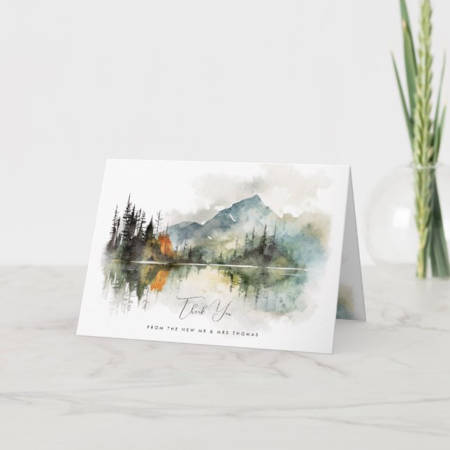 rustic fall mountain forest wedding thank you card (Front)