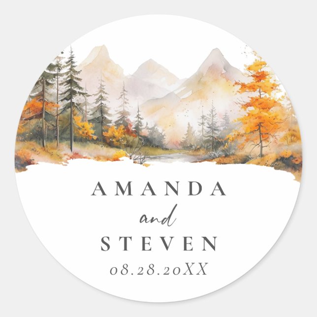 Rustic Fall Mountain Pine Forest Wedding Classic Round Sticker (Front)