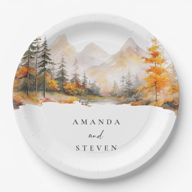 Rustic Fall Mountain Pine Forest Wedding Paper Plate (Front)