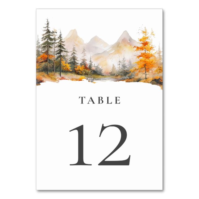 Rustic Fall Mountain Pine Forest Wedding Table Number (Front)