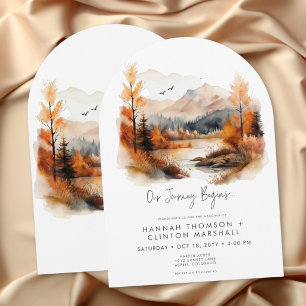 Rustic Fall Mountain Scene Watercolor Arch Wedding Invitation