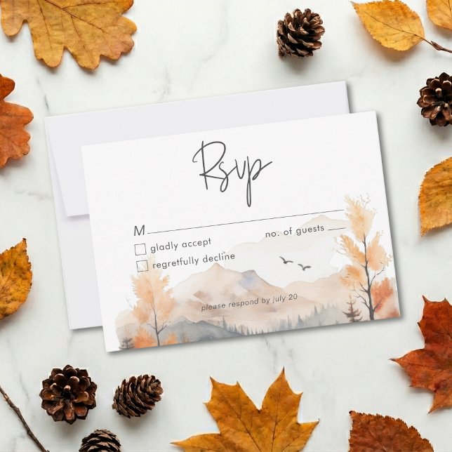 Rustic Fall Mountain Scene Watercolor QR Code RSVP Card (Creator Uploaded)