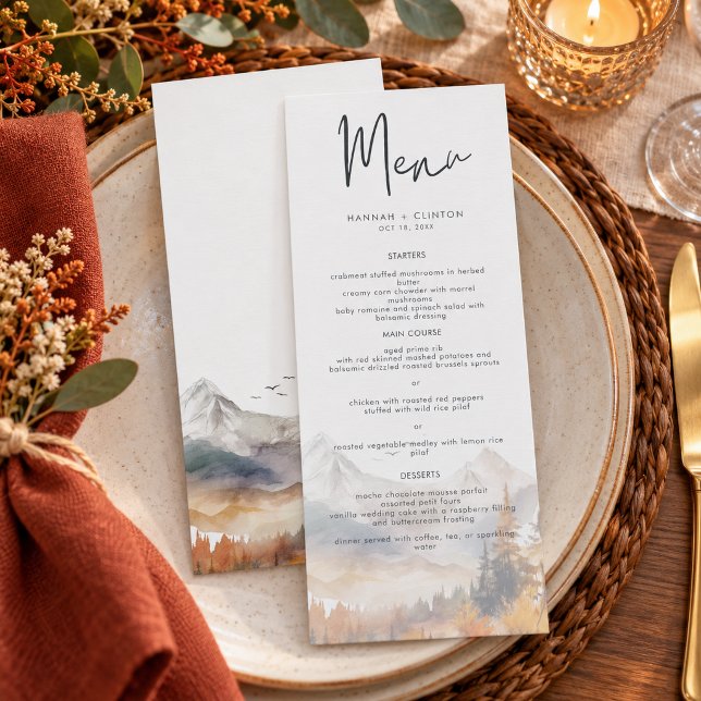 Rustic Fall Mountain Scene Watercolor Wedding  Menu (Creator Uploaded)