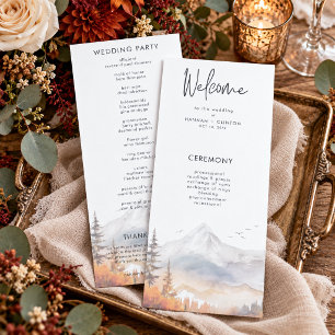 Rustic Fall Mountain Scene Watercolor Wedding Programme
