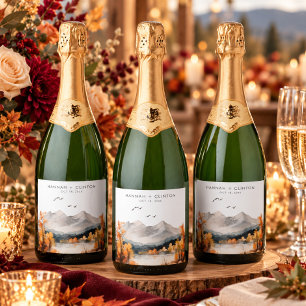 Rustic Fall Mountain Scene Watercolor Wedding Sparkling Wine Label