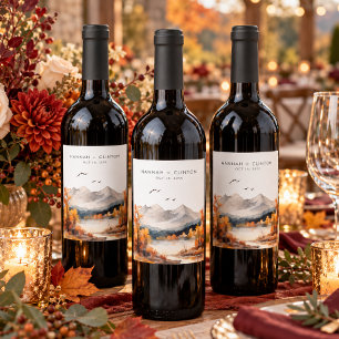 Rustic Fall Mountain Scene Watercolor Wedding Wine Label