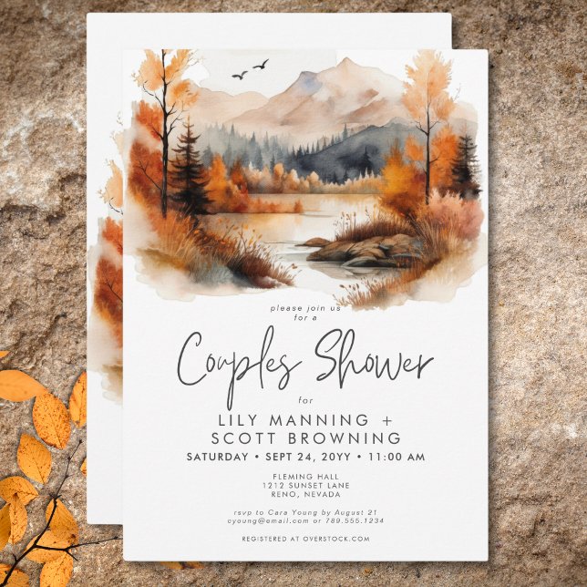 Rustic Fall Mountain Watercolor Couples Shower Invitation (Rustic Fall Mountain Scene Watercolor Couples Shower Invitation)