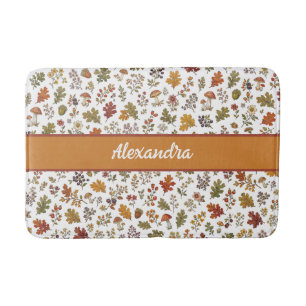 Rustic Fall Mushroom Leaves Woodland Monogram Name Bath Mat