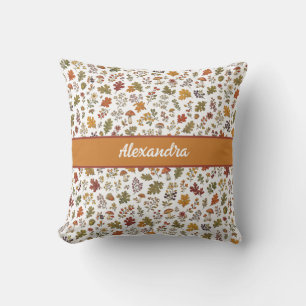 Rustic Fall Mushroom Leaves Woodland Monogram Name Cushion