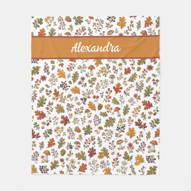 Rustic Fall Mushroom Leaves Woodland Monogram Name Fleece Blanket (Front)