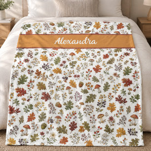 Rustic Fall Mushroom Leaves Woodland Monogram Name Fleece Blanket
