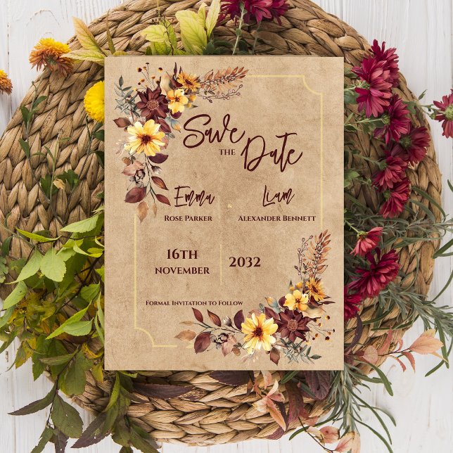 Rustic Fall Mustard Floral  Wedding Save The Date Postcard (Rustic Fall Mustard Floral Wedding Save The Date Postcard)