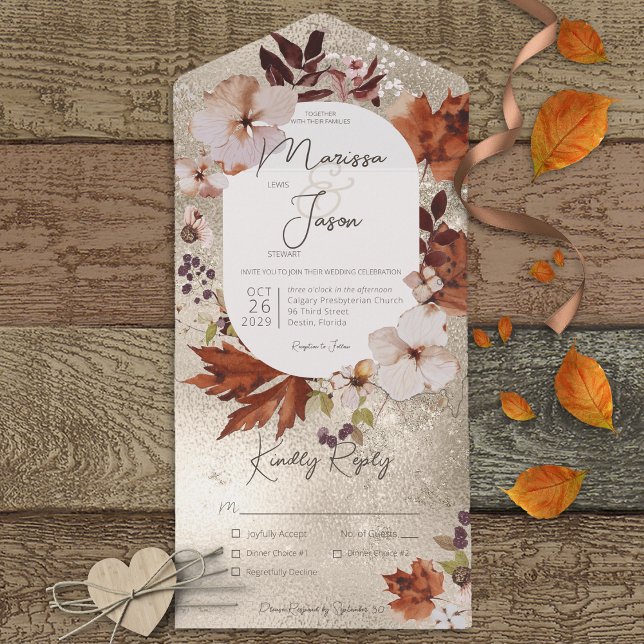 Rustic Fall Neutral Wreath Gold Dinner All In One Invitation (Also available with a QR code or without dinner selection options.)