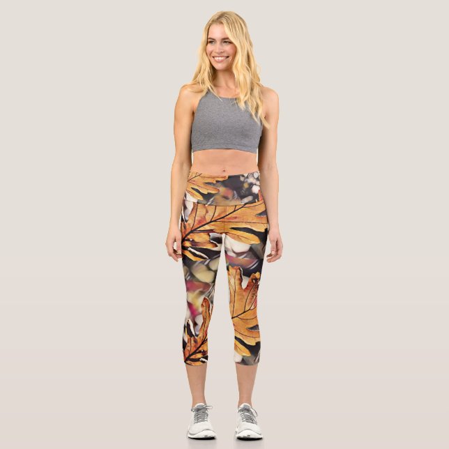 Rustic fall oak leaf orange brown yellow  capri leggings (Front)