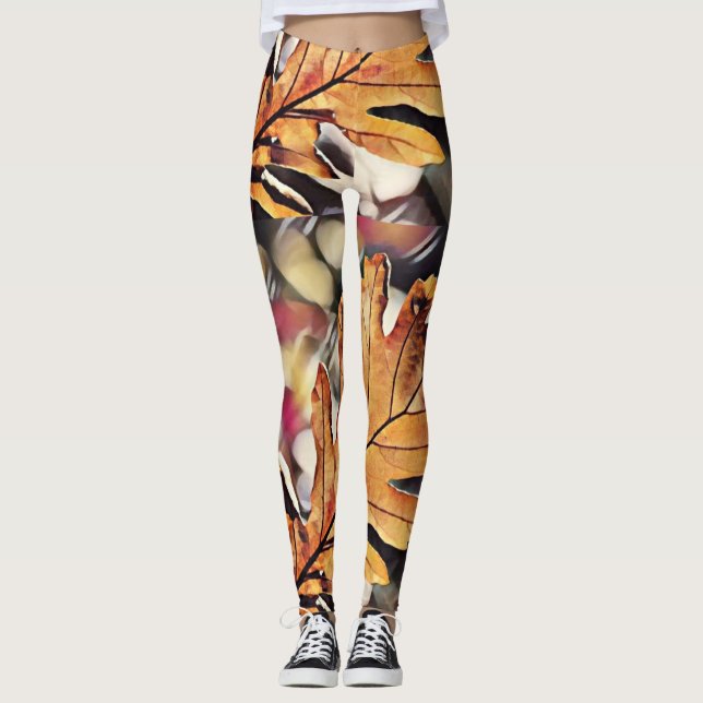 Rustic fall oak leaf orange brown yellow  leggings (Front)