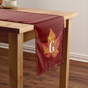 Rustic Fall Orange Leaf & Red Monogram Short Table Runner