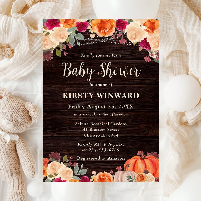 Rustic Fall Orange Pumpkin Floral Baby Shower Invitation (Creator Uploaded)