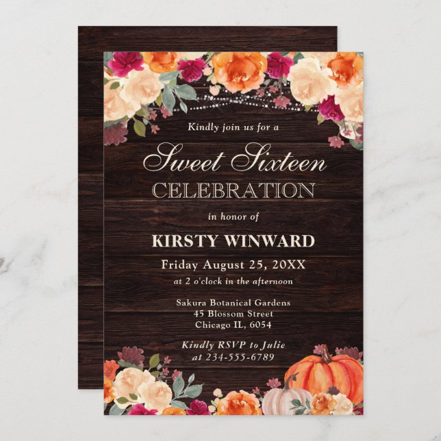 Rustic Fall Orange Pumpkin Floral Sweet Sixteen Invitation (Front/Back)