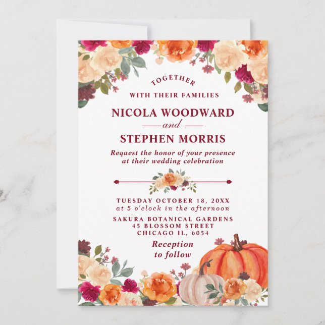 Rustic Fall Orange Pumpkin Floral Wedding Invitation (Front)