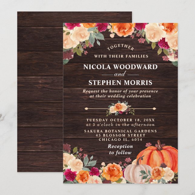 Rustic Fall Orange Pumpkin Floral Wedding Invitation (Front/Back)